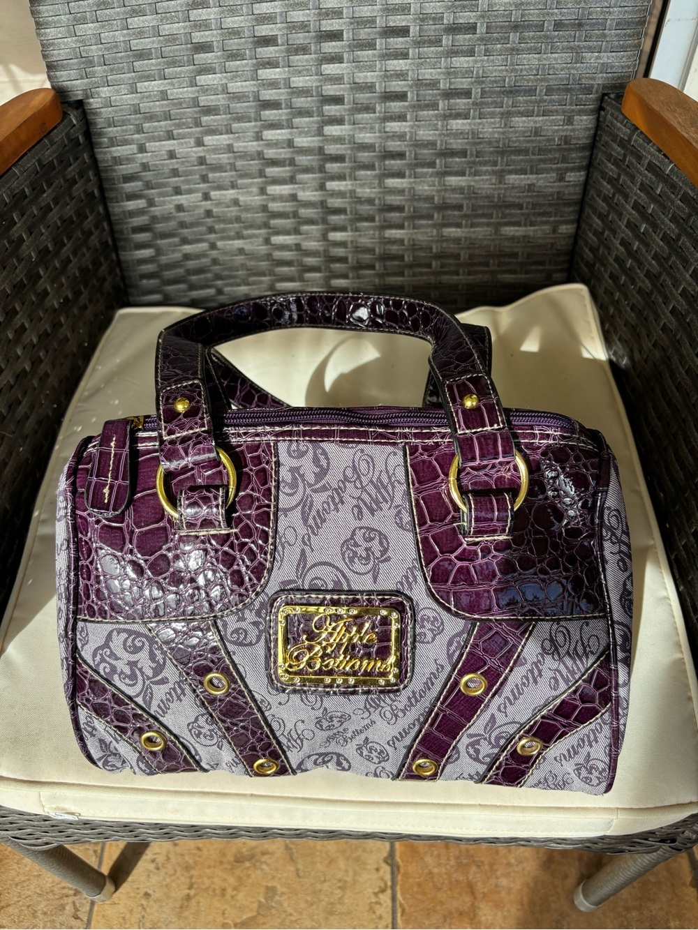 VTG Y2K Apple Bottoms Purple monogram barrel bag satchel croc trim EUC